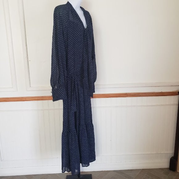 SOLD Michael Kors Womens Dress Large Polka Dot Georgette Tie-Neck Navy Poet Slv - Picture 4 of 12